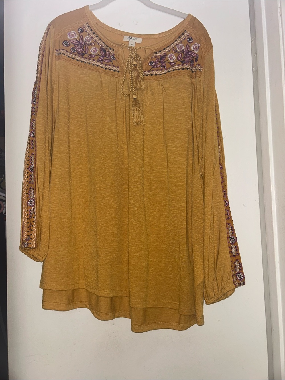 Macy’s Style & Co Embroidered Mustard Peasant Top with Tassel Tie